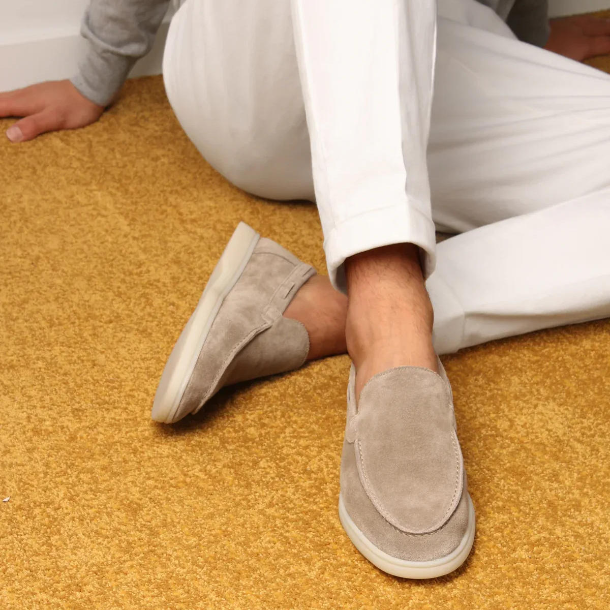 Men's suede-style yacht loafers with light soles