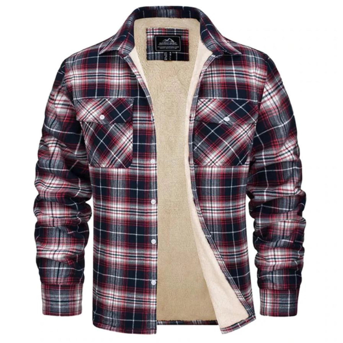 Men's plaid jacket with sherpa-style lining and chest pockets