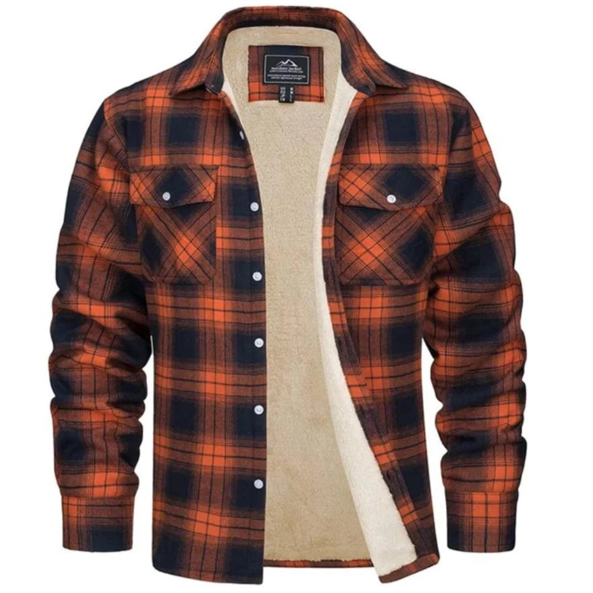 Men's plaid jacket with sherpa-style lining and chest pockets