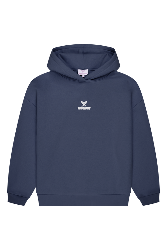 Navy hooded sweatshirt with long sleeves, ribbed trims and chest logo
