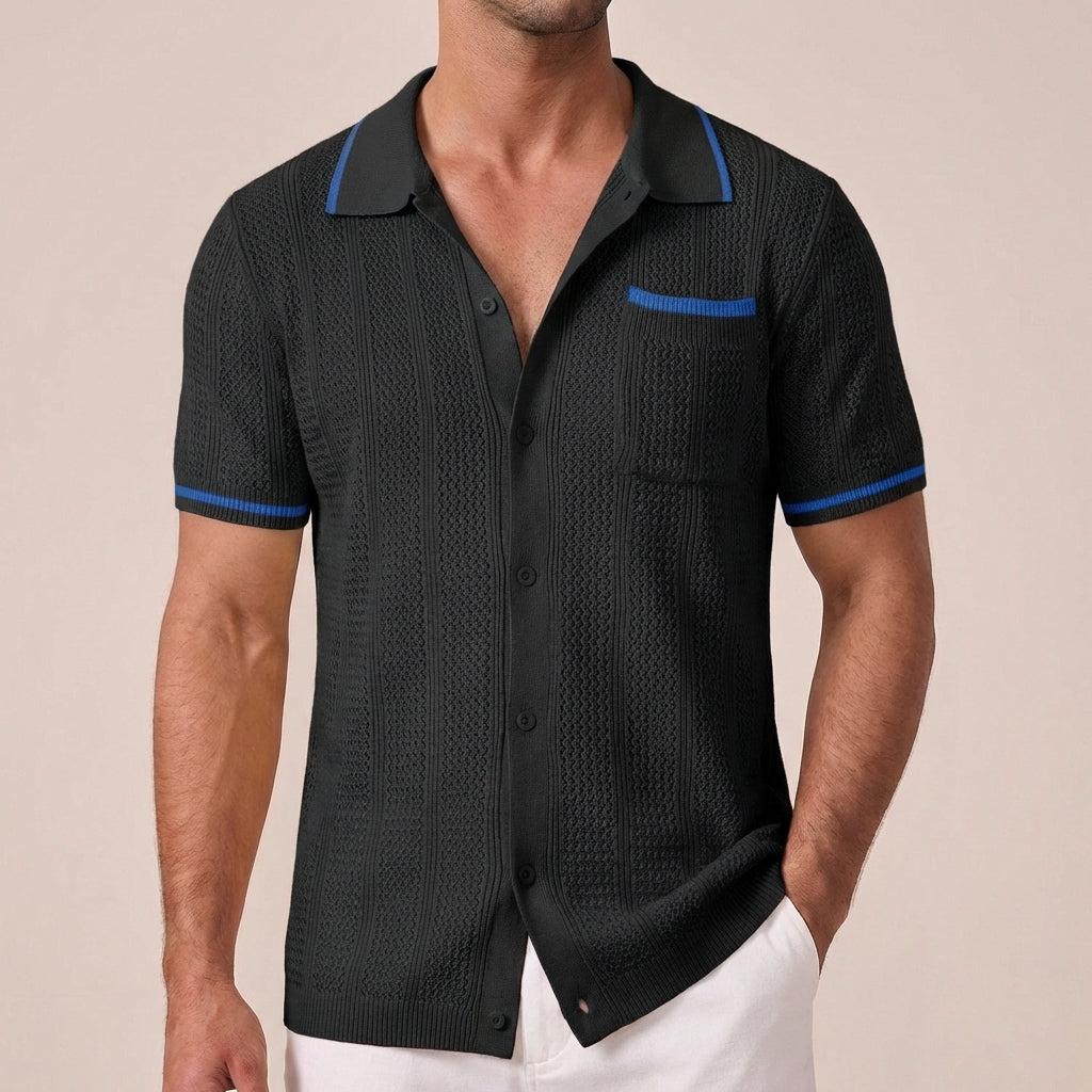 Men's Camp Collar Shirt, Openwork Knit, Contrast Stripe