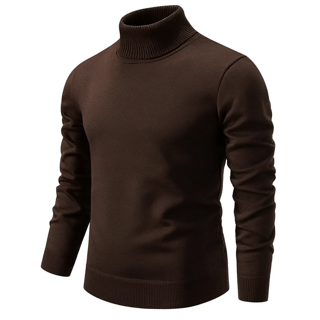 Men's beige turtleneck sweater with ribbed collar and long sleeves