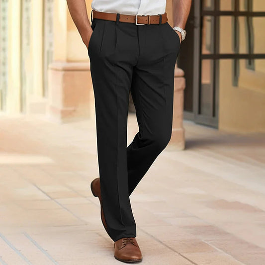 Men's pleated straight-leg trousers with belt loops and side pockets