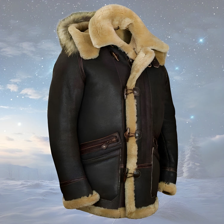 Men's dark brown hooded jacket with tan shearling-style trim and buckle front
