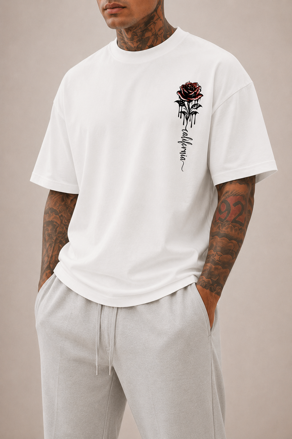 Men's Oversized Rose-Print T-Shirt