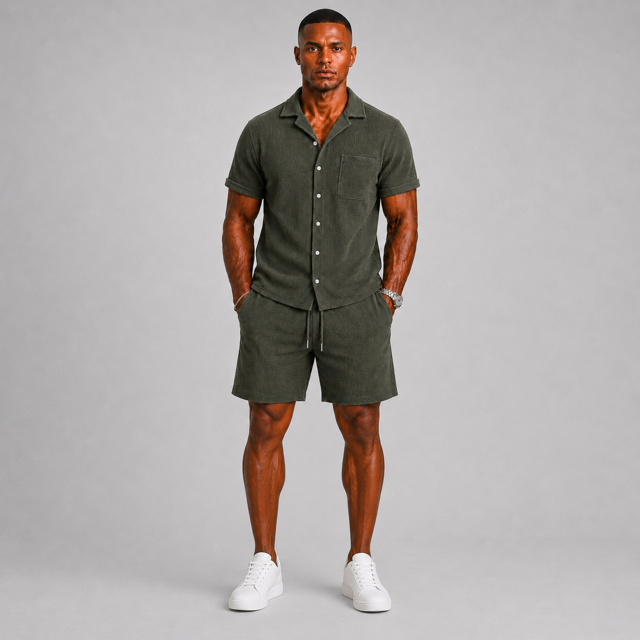 Men's Ribbed Co-ord Set with Shirt and Shorts
