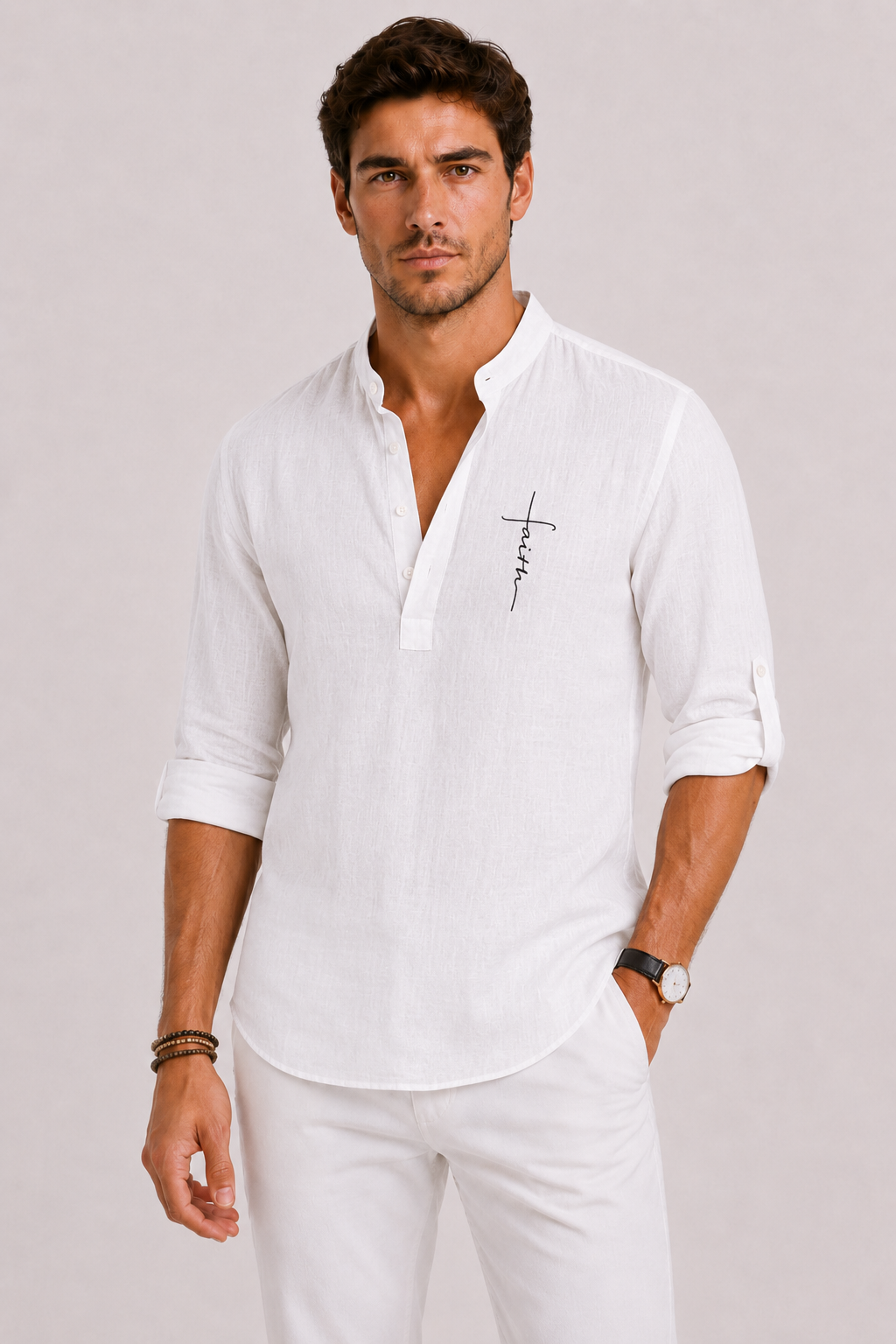 Men's Linen Shirt with Henley Collar
