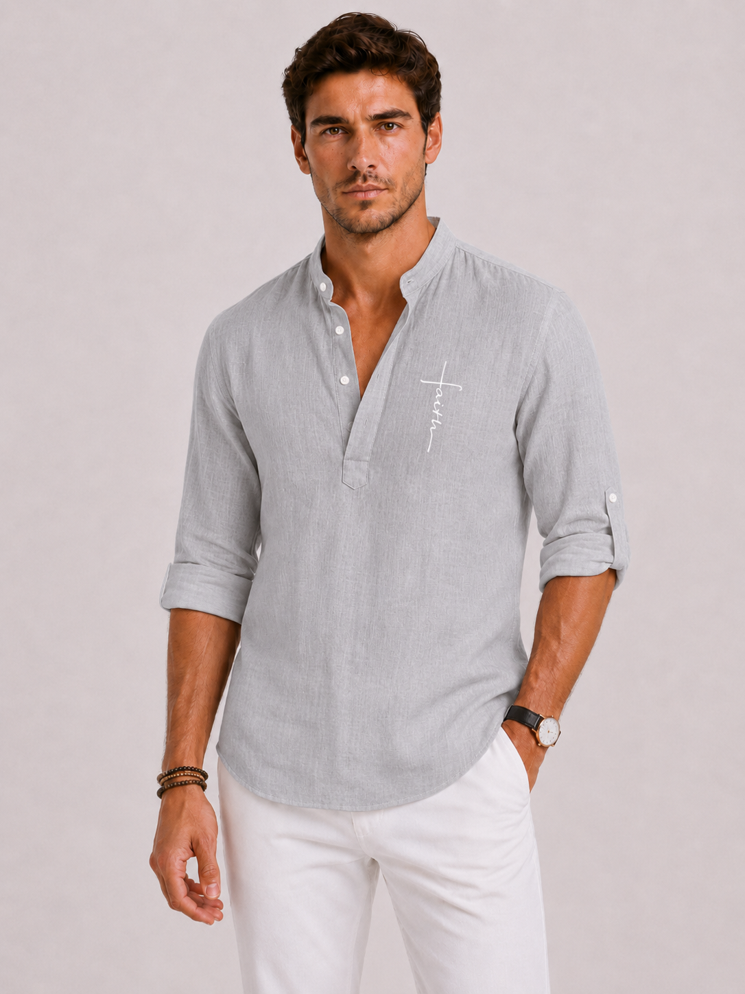 Men's Linen Shirt with Henley Collar