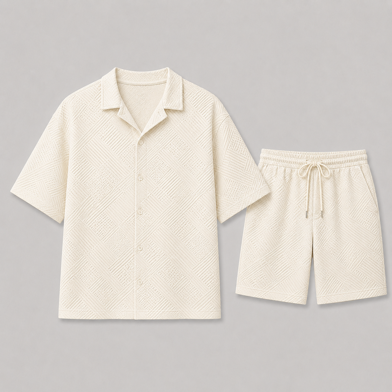 Men's Summer Set with Checked-Texture Shirt and Shorts