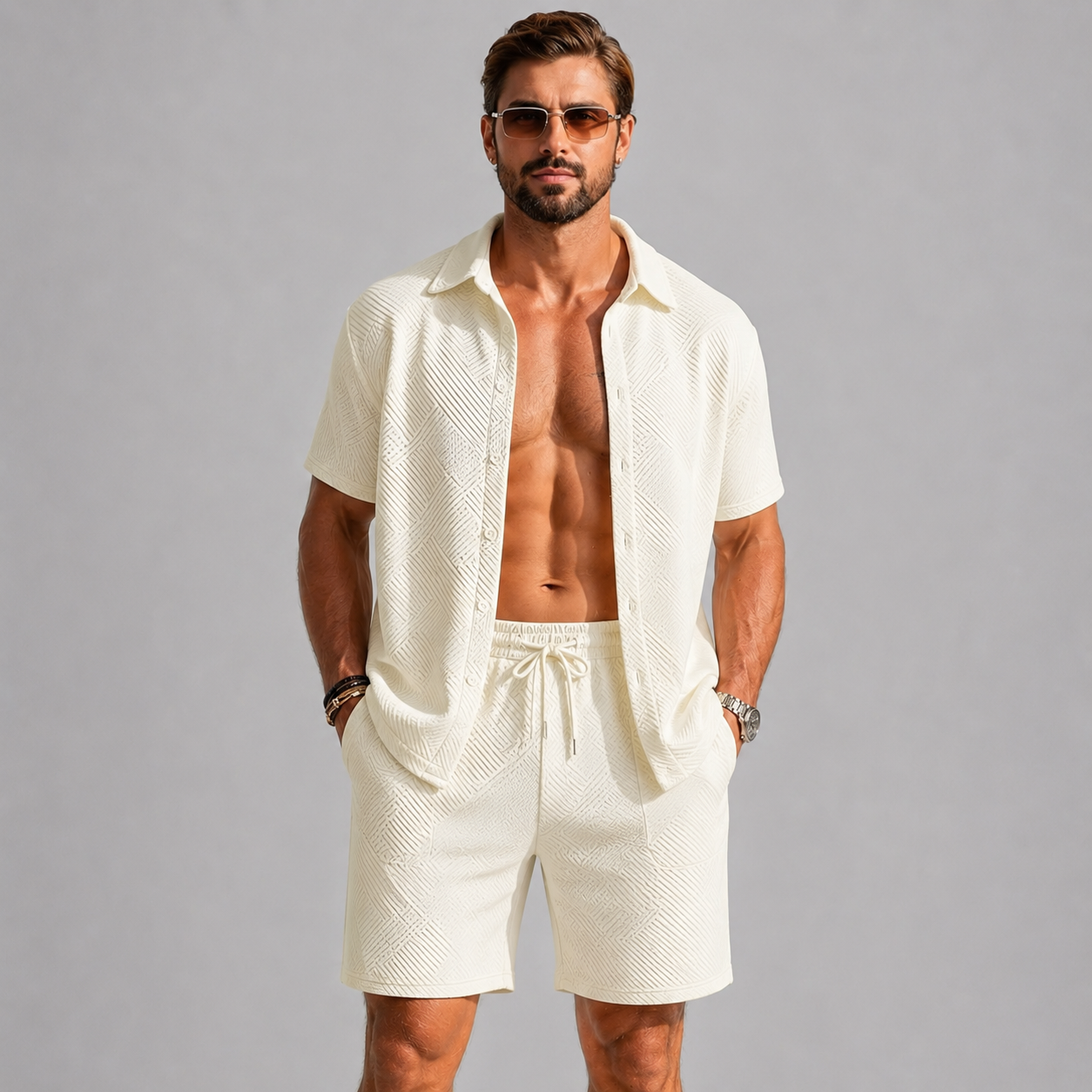 Men's Summer Set with Checked-Texture Shirt and Shorts