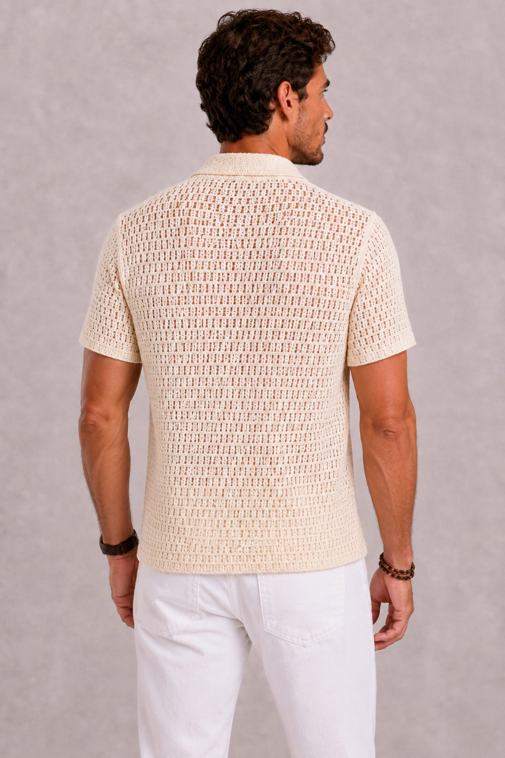 Men's Crochet Polo with Botanical Embroidery