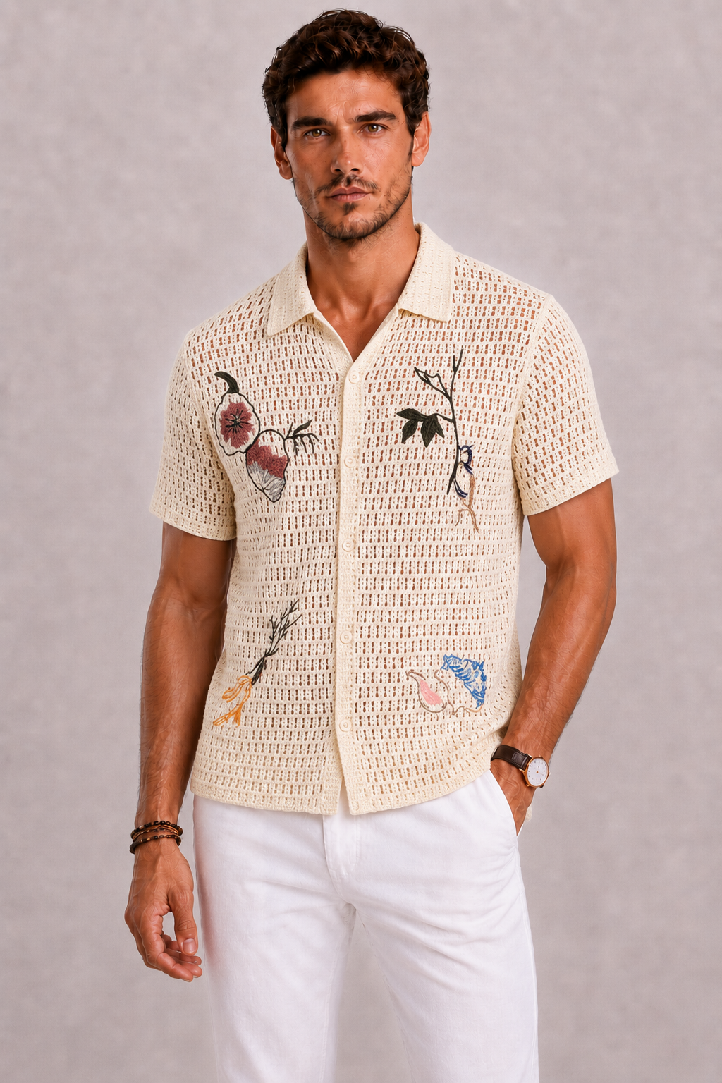 Men's Crochet Polo with Botanical Embroidery