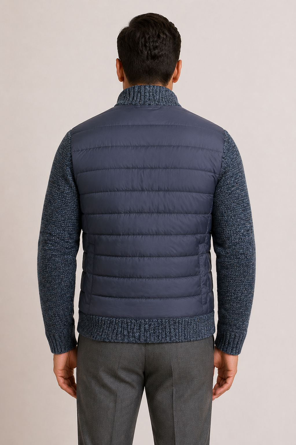 Men's Quilted Jacket with Knitted Sleeves and Zip Front