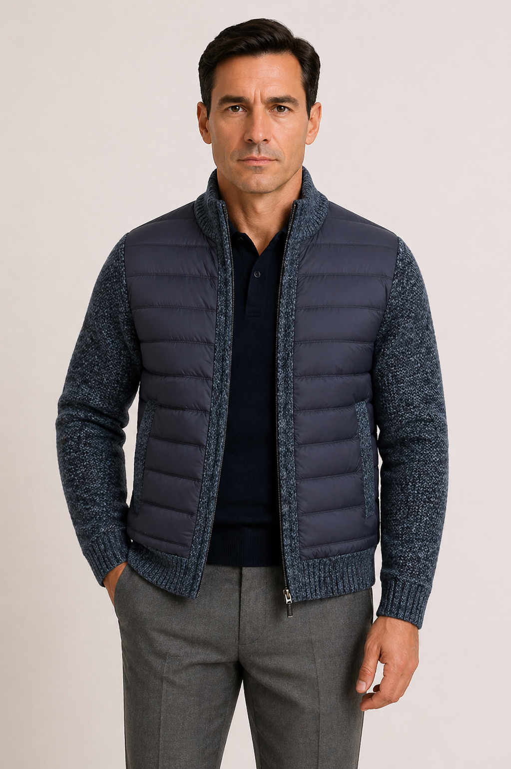 Men's Quilted Jacket with Knitted Sleeves and Zip Front