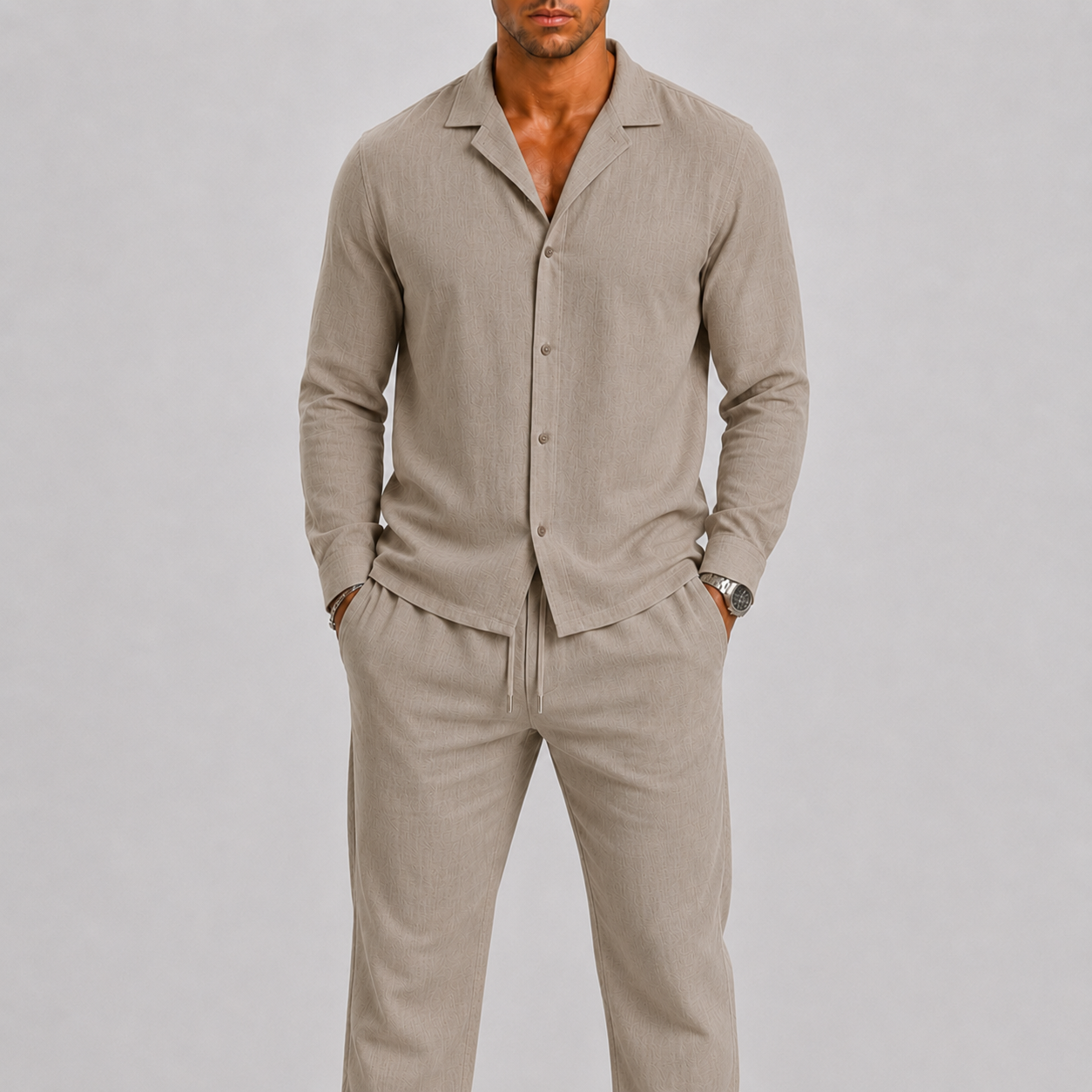 Men's Linen Set with Cuban Collar Shirt and Trousers