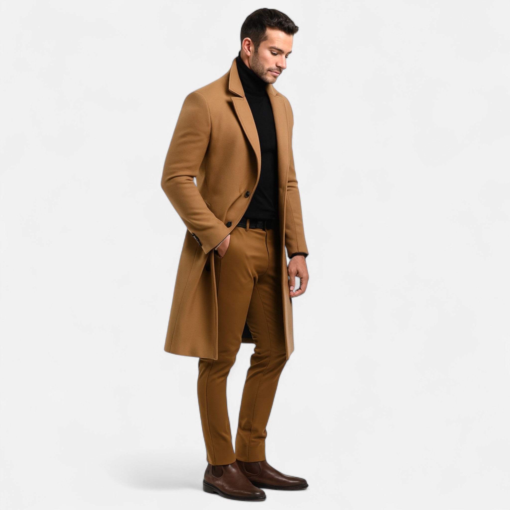 Men's long coat with notched lapels, button front and side pockets