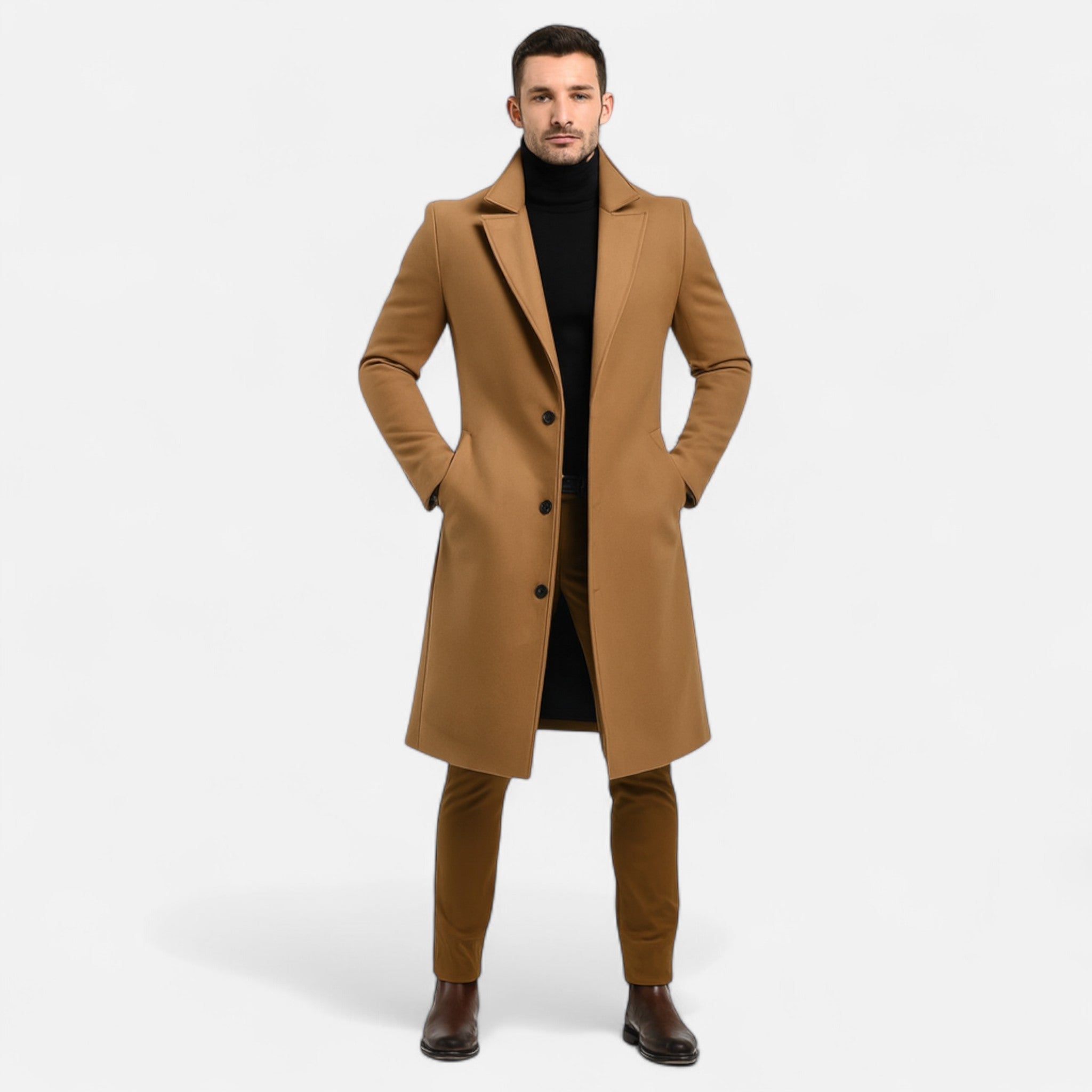 Men's long coat with notched lapels, button front and side pockets