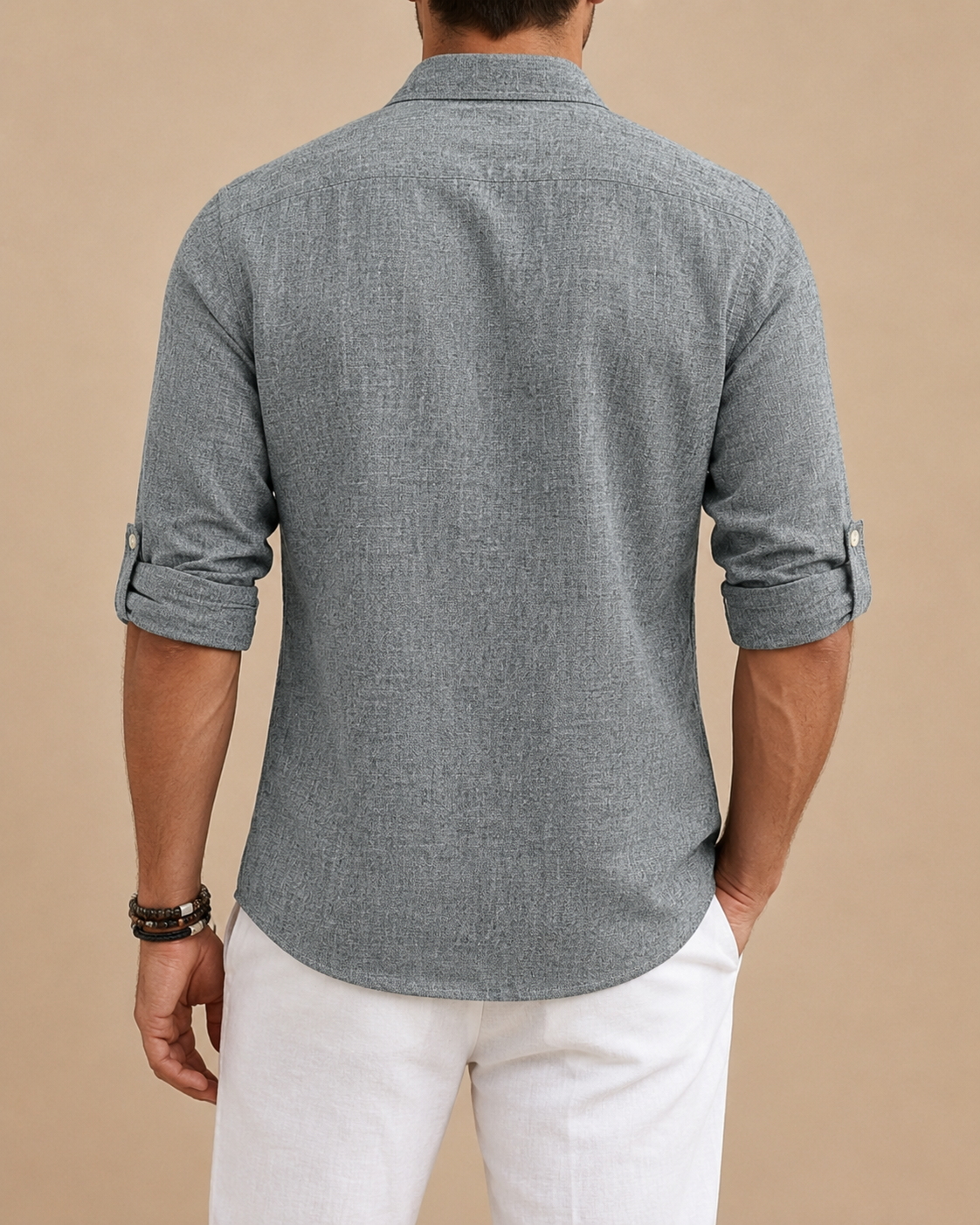 Men's Half Placket Shirt, Chambray Weave, Roll Tab Sleeves