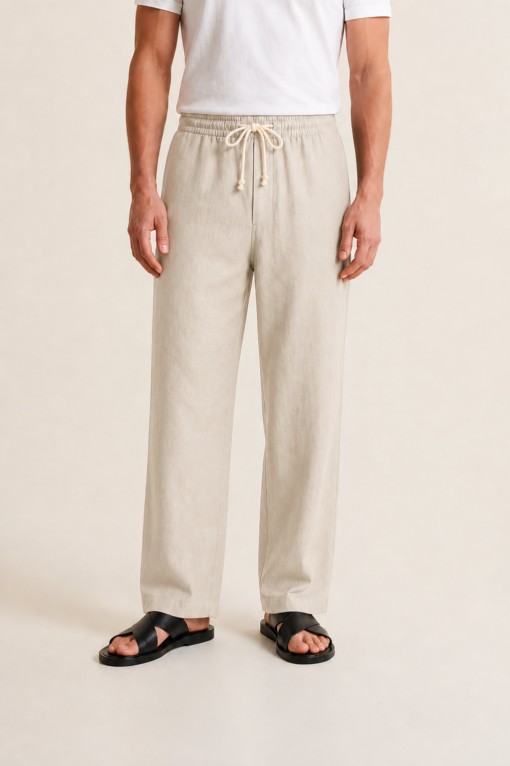 Men's Linen Trousers with Drawstring and Straight Leg