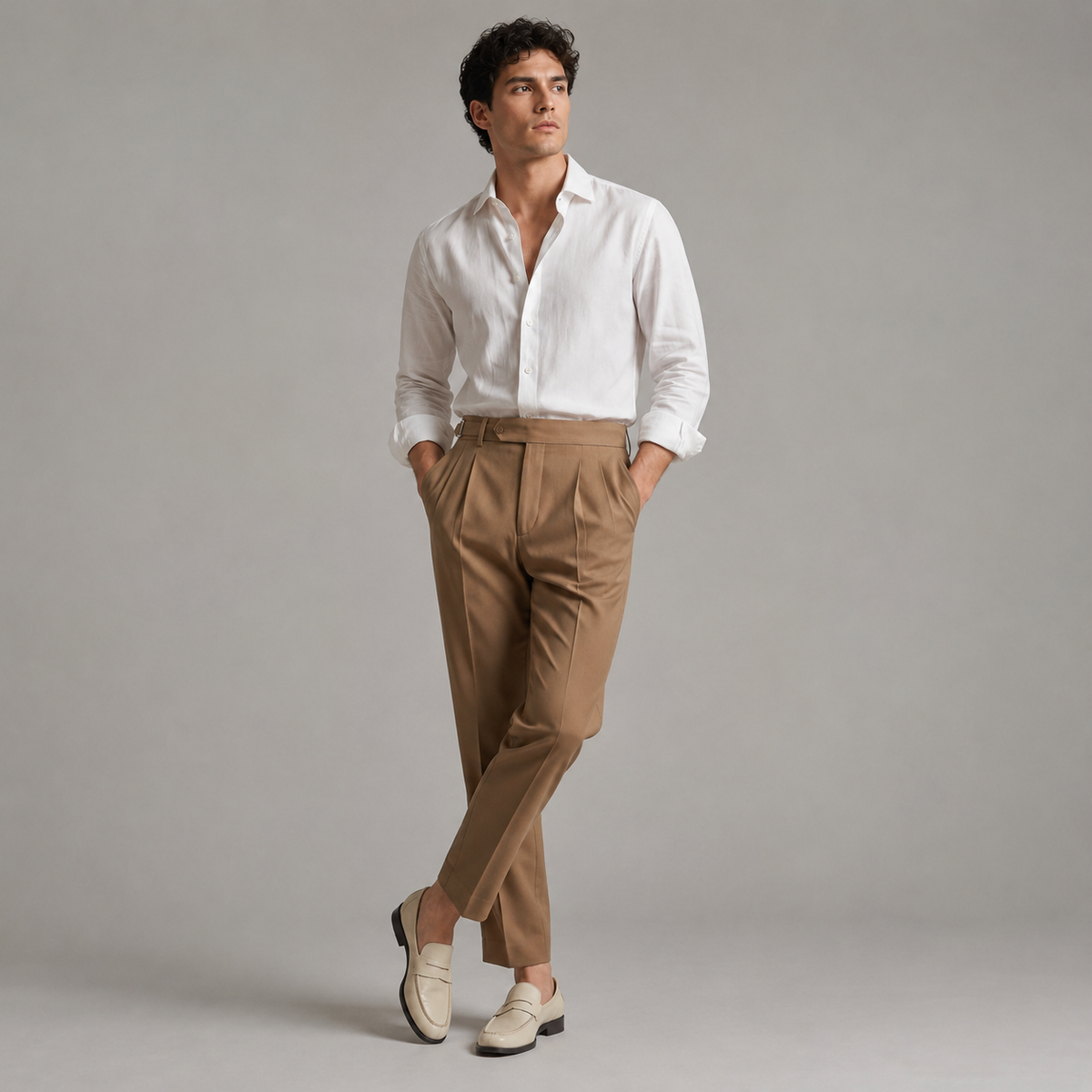 Men's tailored trousers with pleated front, buckle waist and straight full-length legs