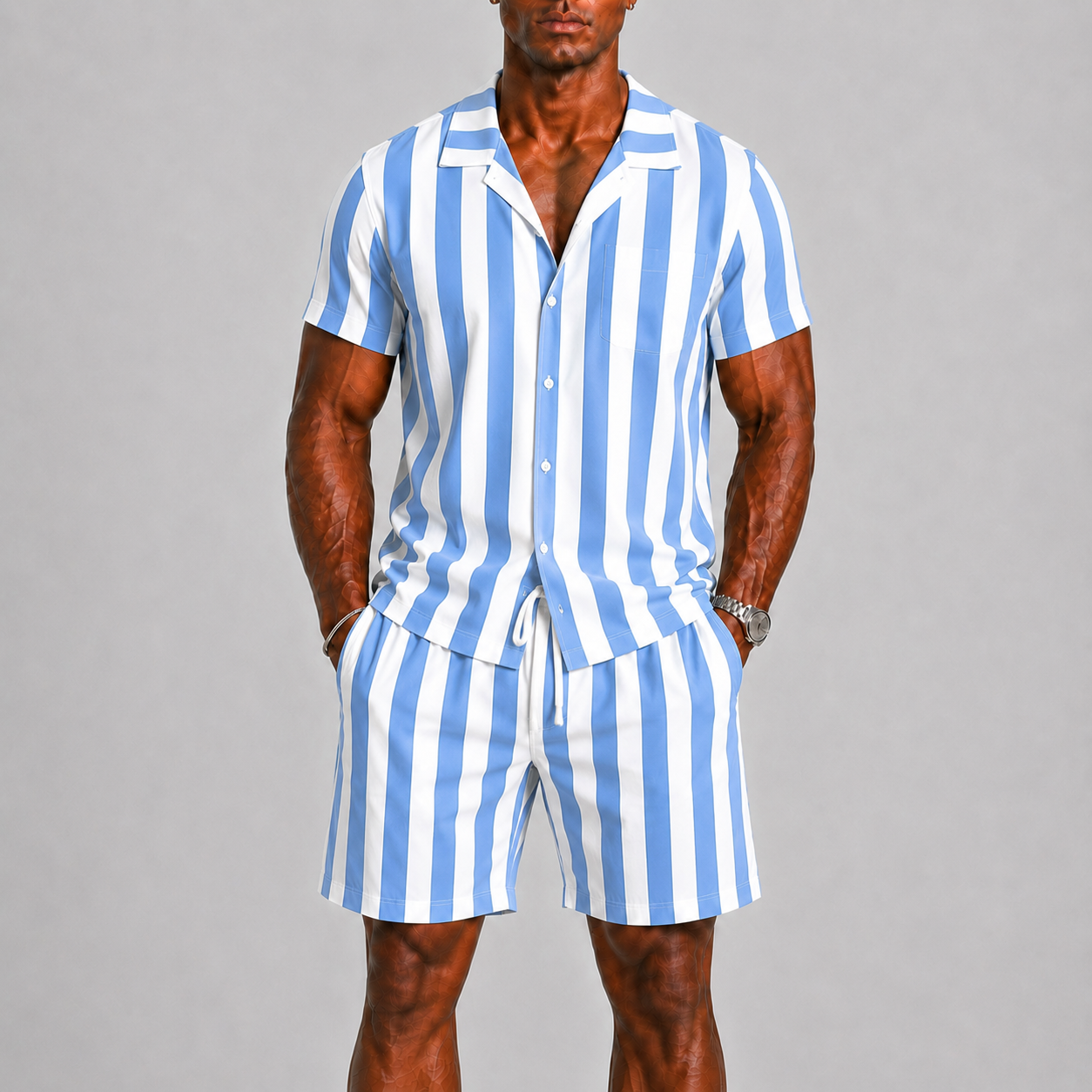 Men's Striped Summer Set with Short-Sleeve Shirt and Shorts