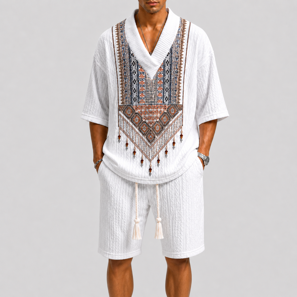 Men's V-Neck Print Summer Set with Loose Fit