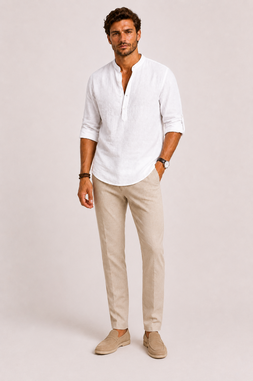 Men's Linen Shirt with Stand Collar