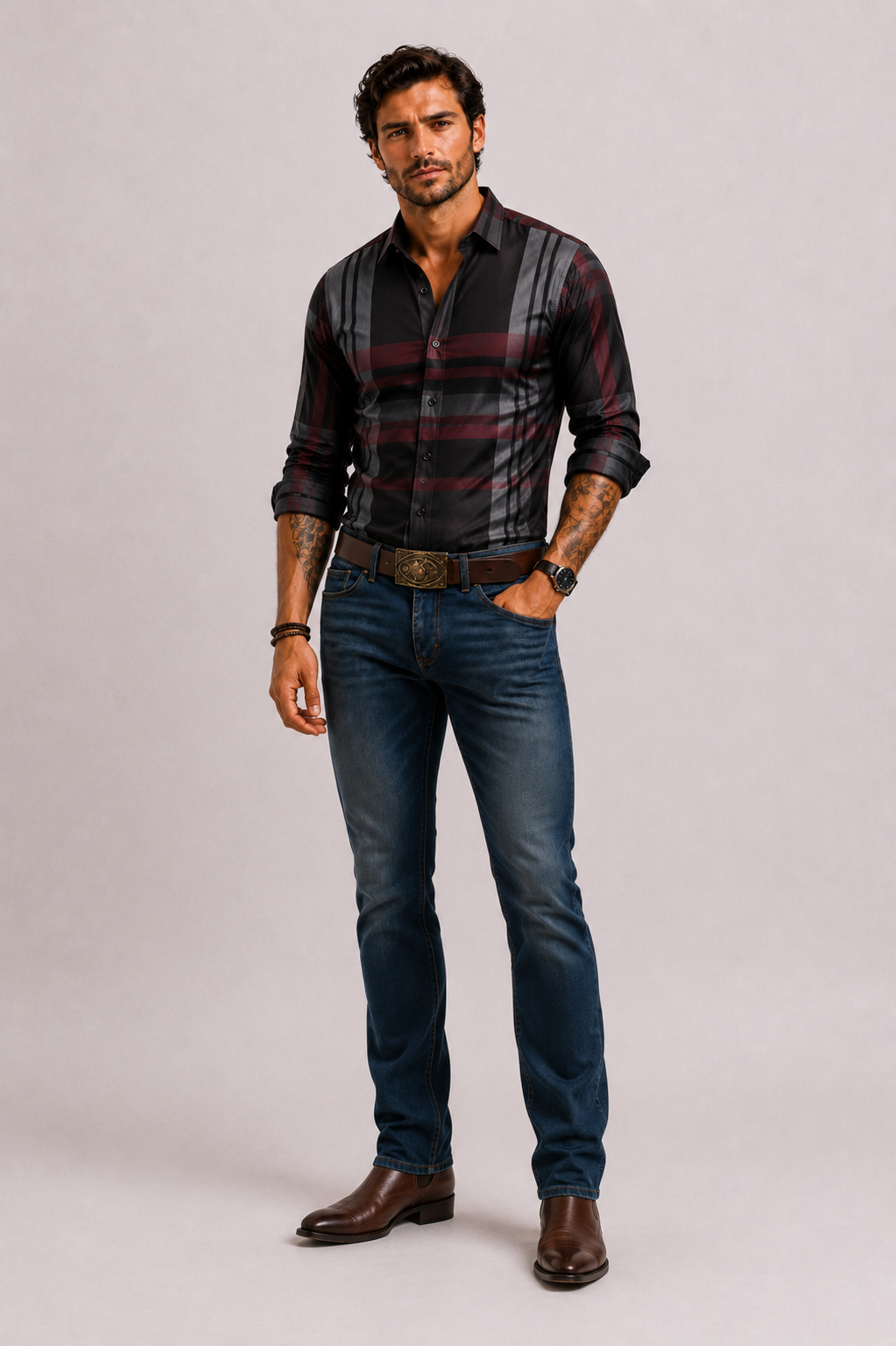 Men's Modern Checked Shirt with Long Sleeves