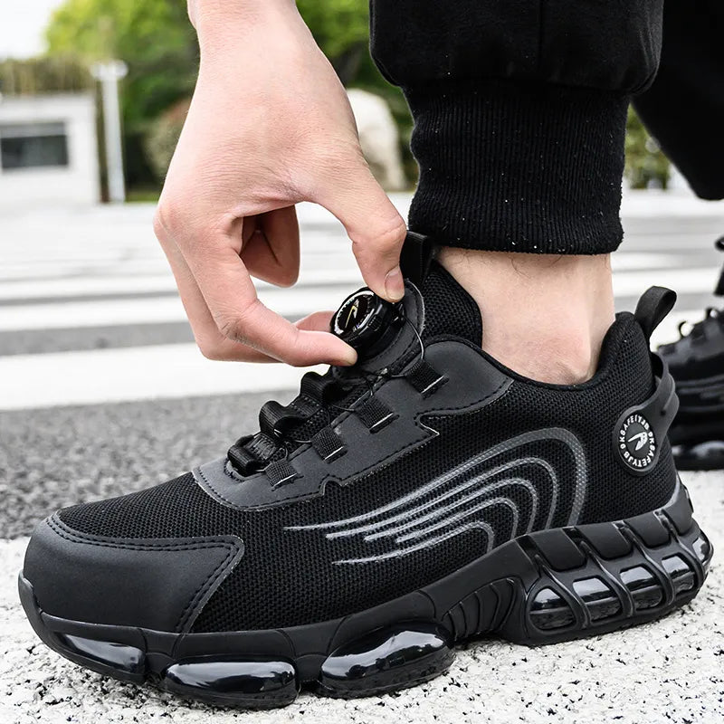 Men's trainer-style safety shoes with rotating dial closure and raised segmented sole