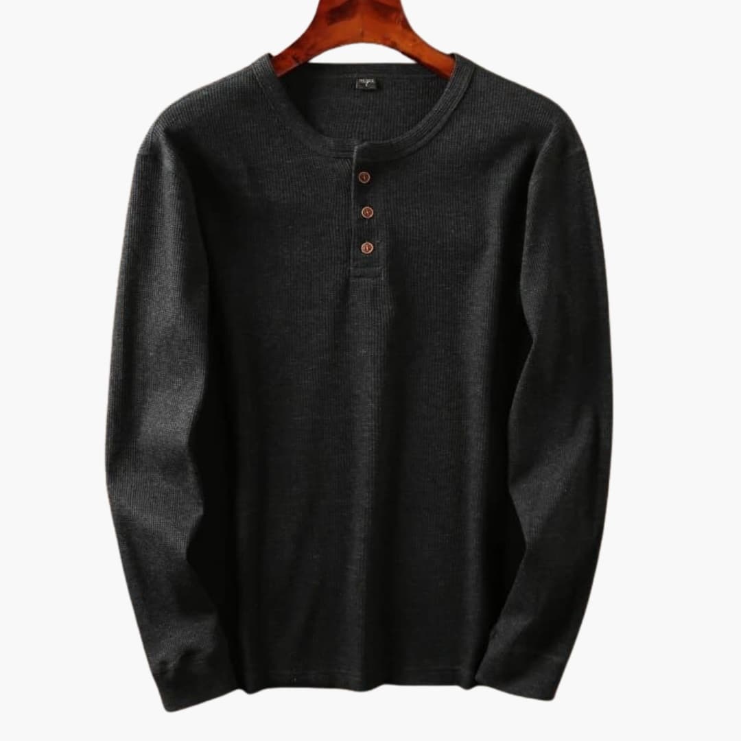 Men's cream waffle knit long sleeve henley top with three-button placket