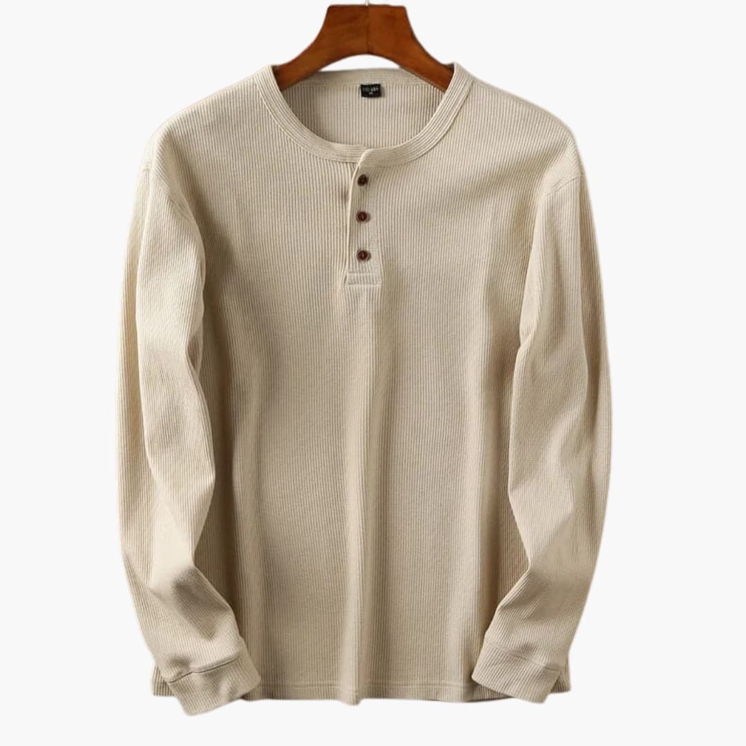 Men's cream waffle knit long sleeve henley top with three-button placket