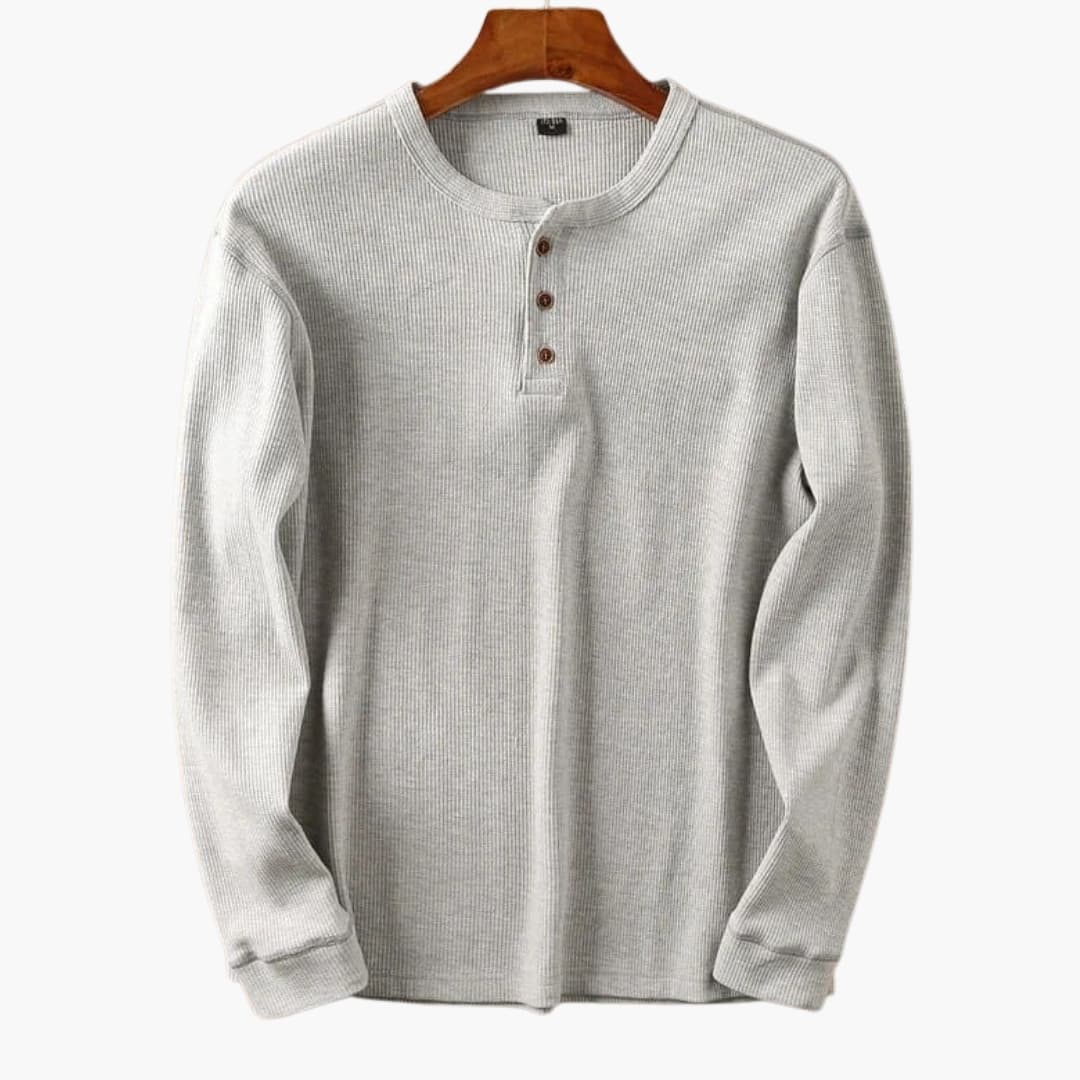 Men's cream waffle knit long sleeve henley top with three-button placket