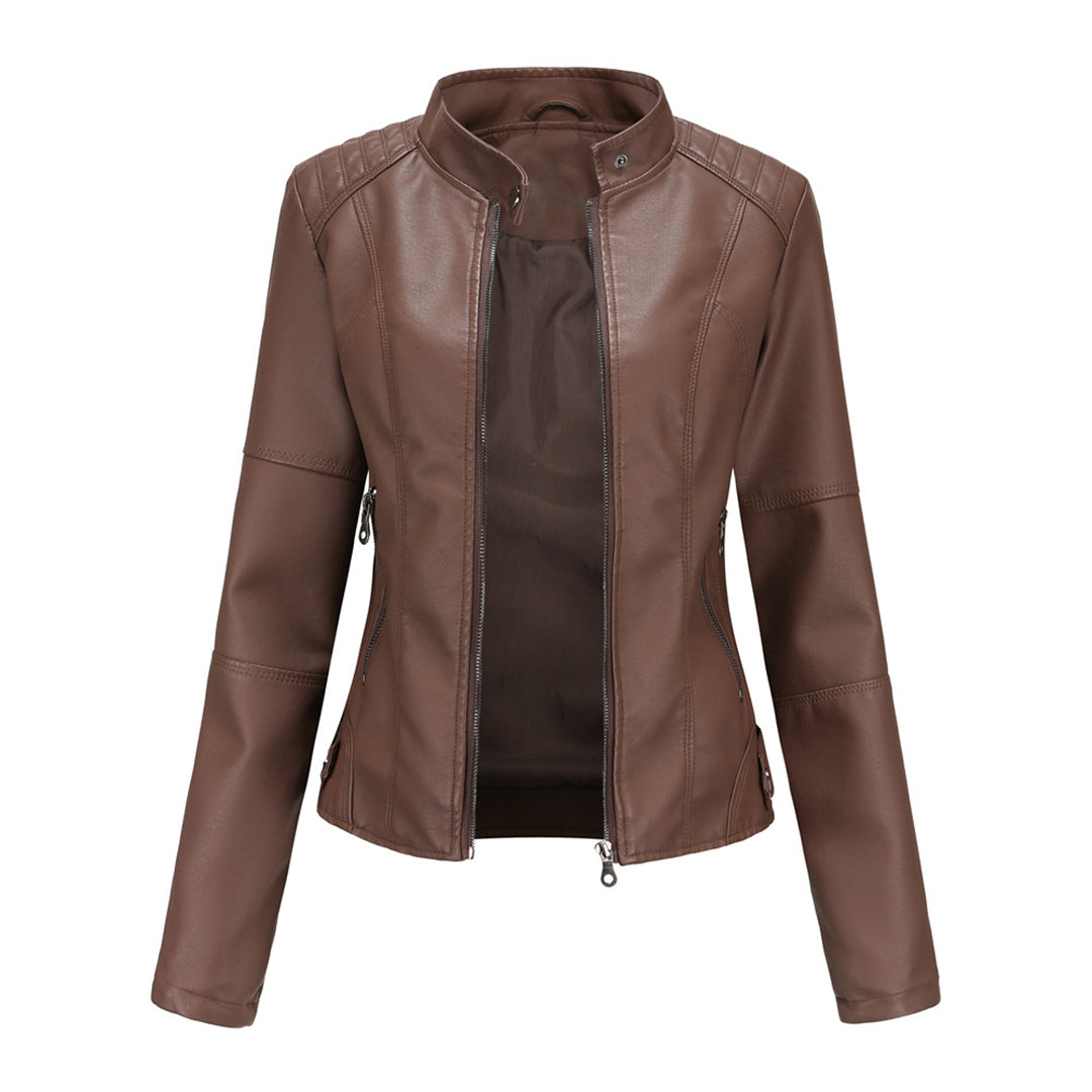 Women's tailored fitted leather jacket with zip front and stand collar