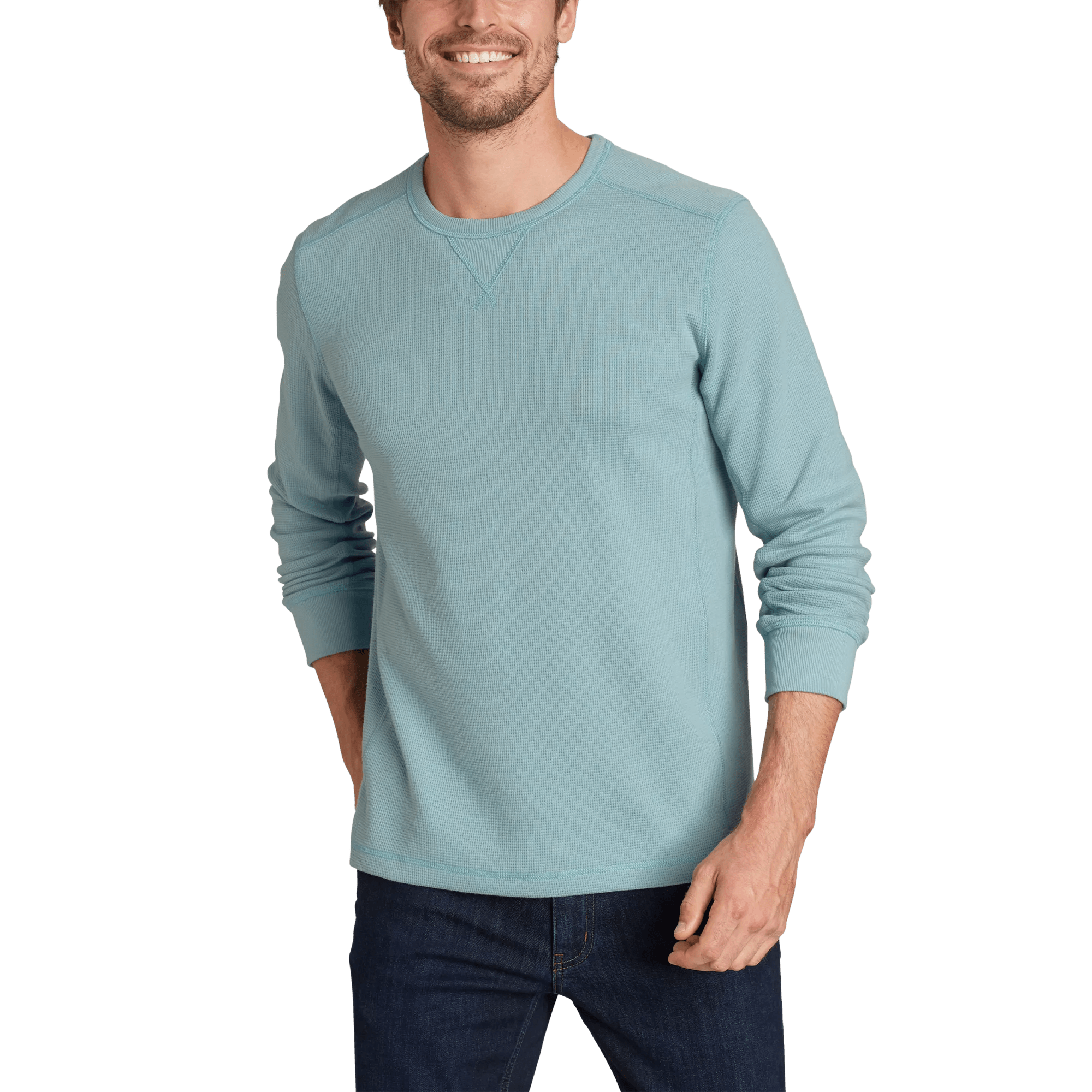 Men's crew neck long sleeve top with fine ribbed texture and ribbed cuffs