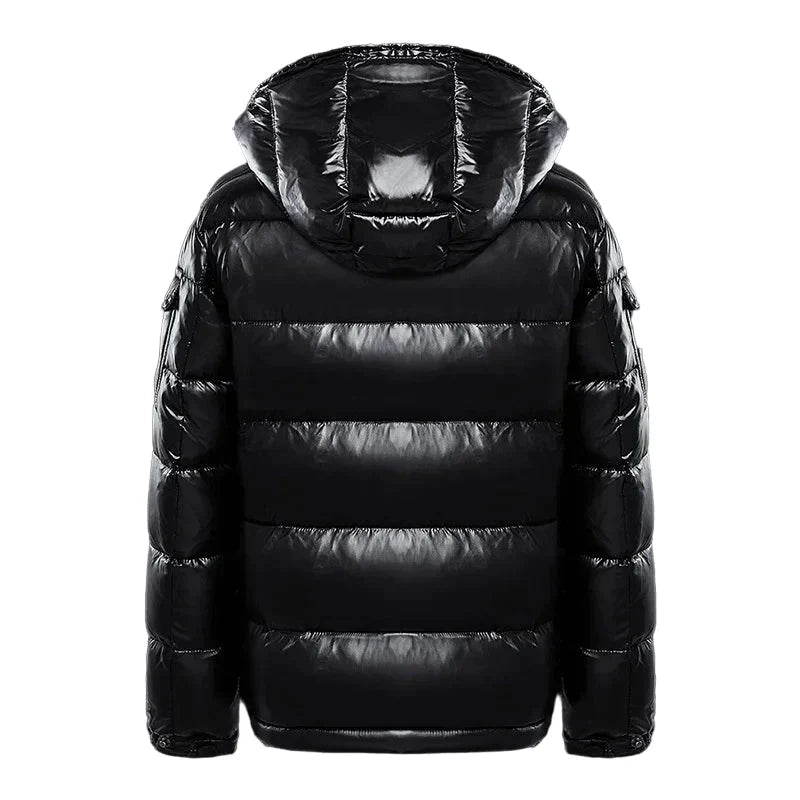 Black men's hooded puffer jacket with quilted panels and zip pockets