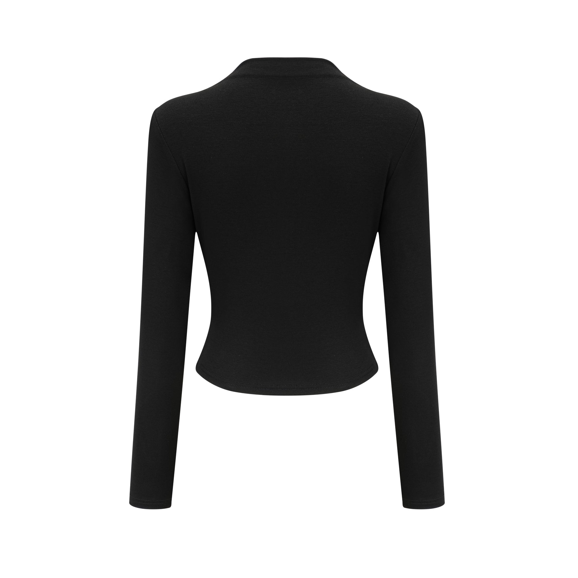 Women's black long sleeve fitted crop top with gathered ruching and open front cutout