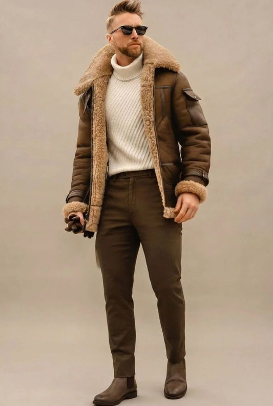 Men's aviator jacket with plush trim collar, cuffs and zip front