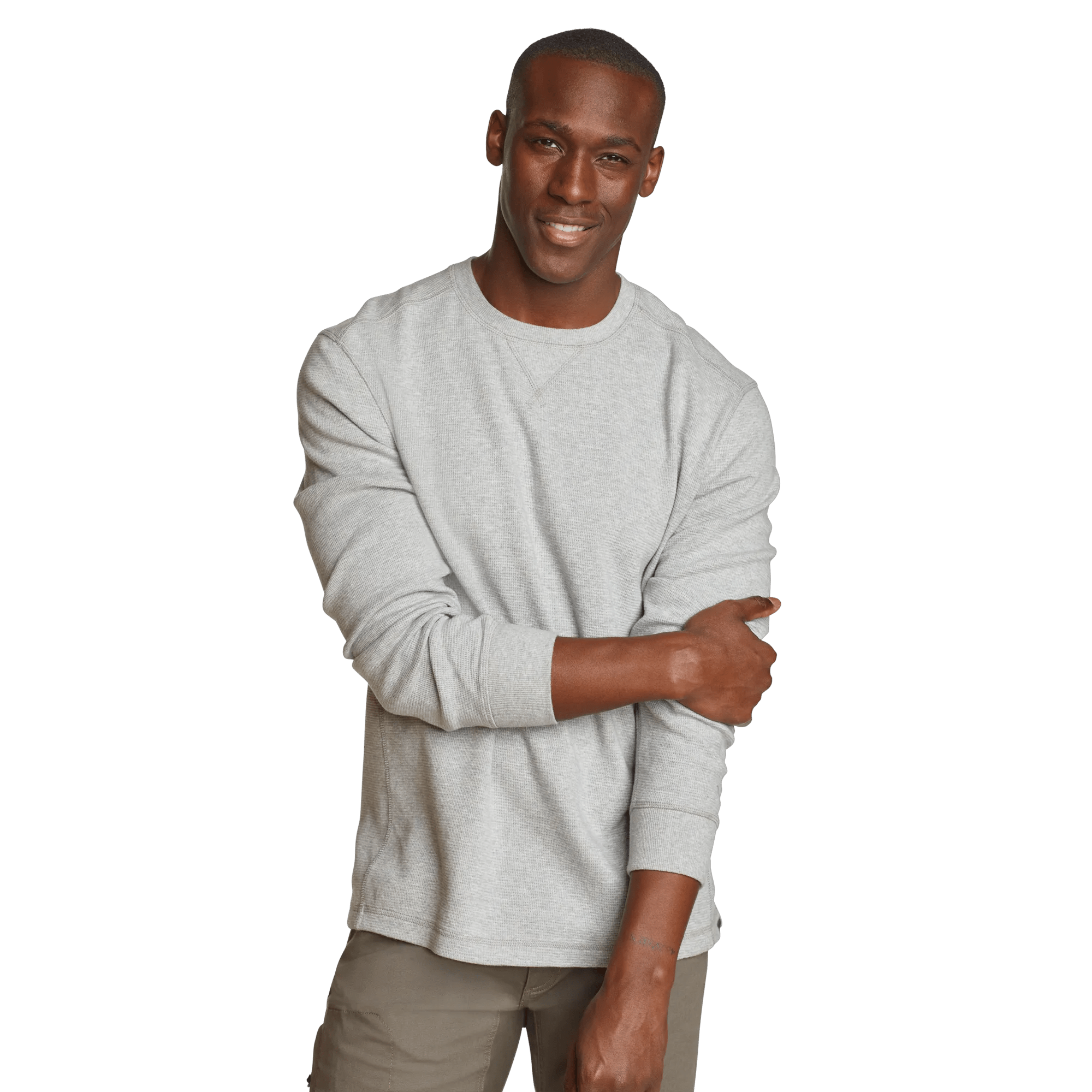 Men's crew neck long sleeve top with fine ribbed texture and ribbed cuffs