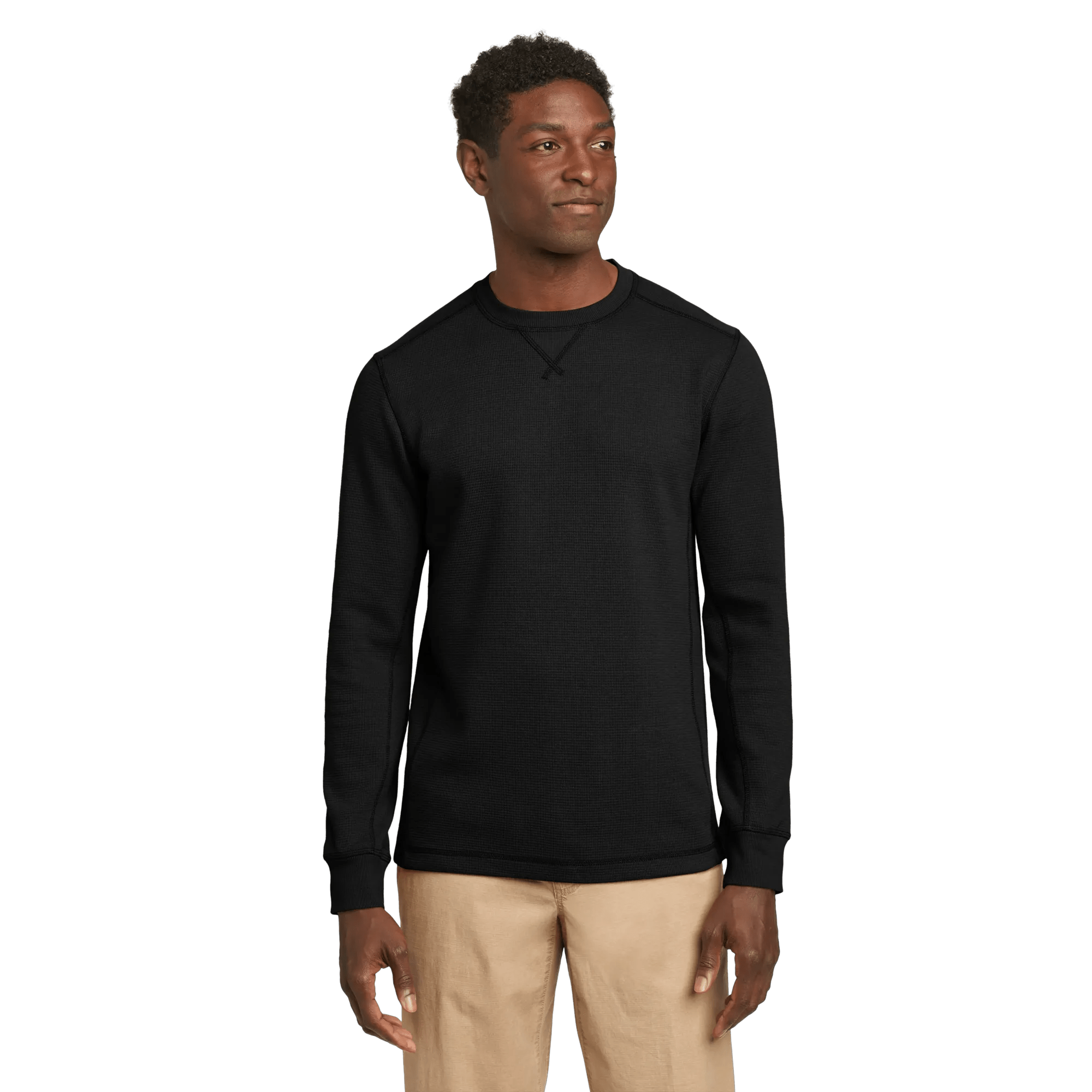 Men's crew neck long sleeve top with fine ribbed texture and ribbed cuffs