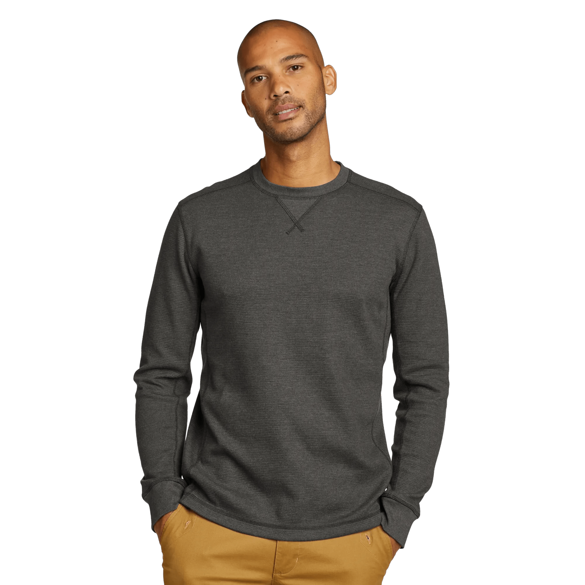 Men's crew neck long sleeve top with fine ribbed texture and ribbed cuffs