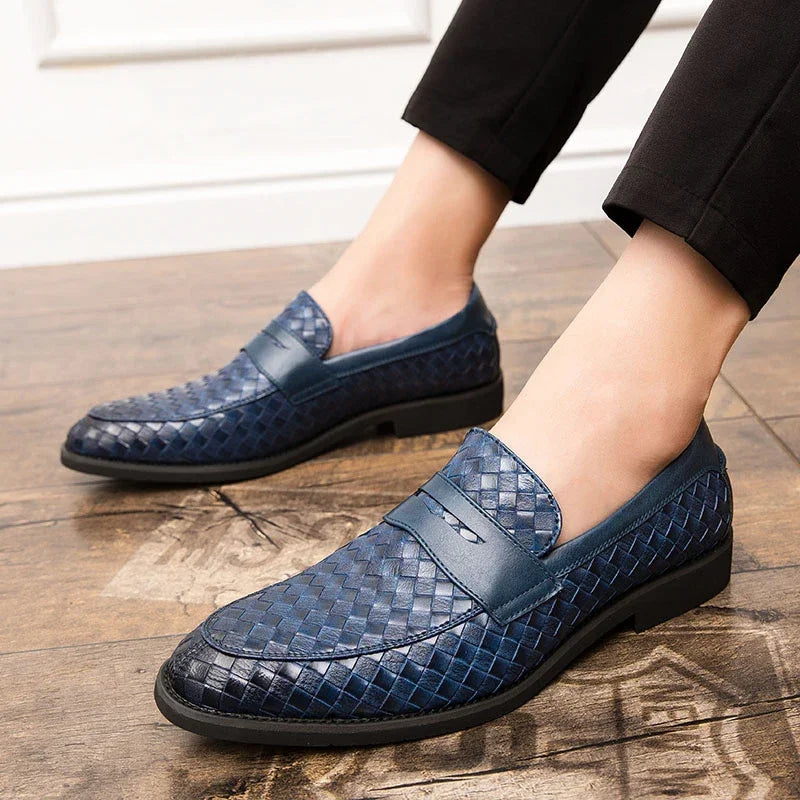 Men's woven slip-on loafers with almond toes and flat soles