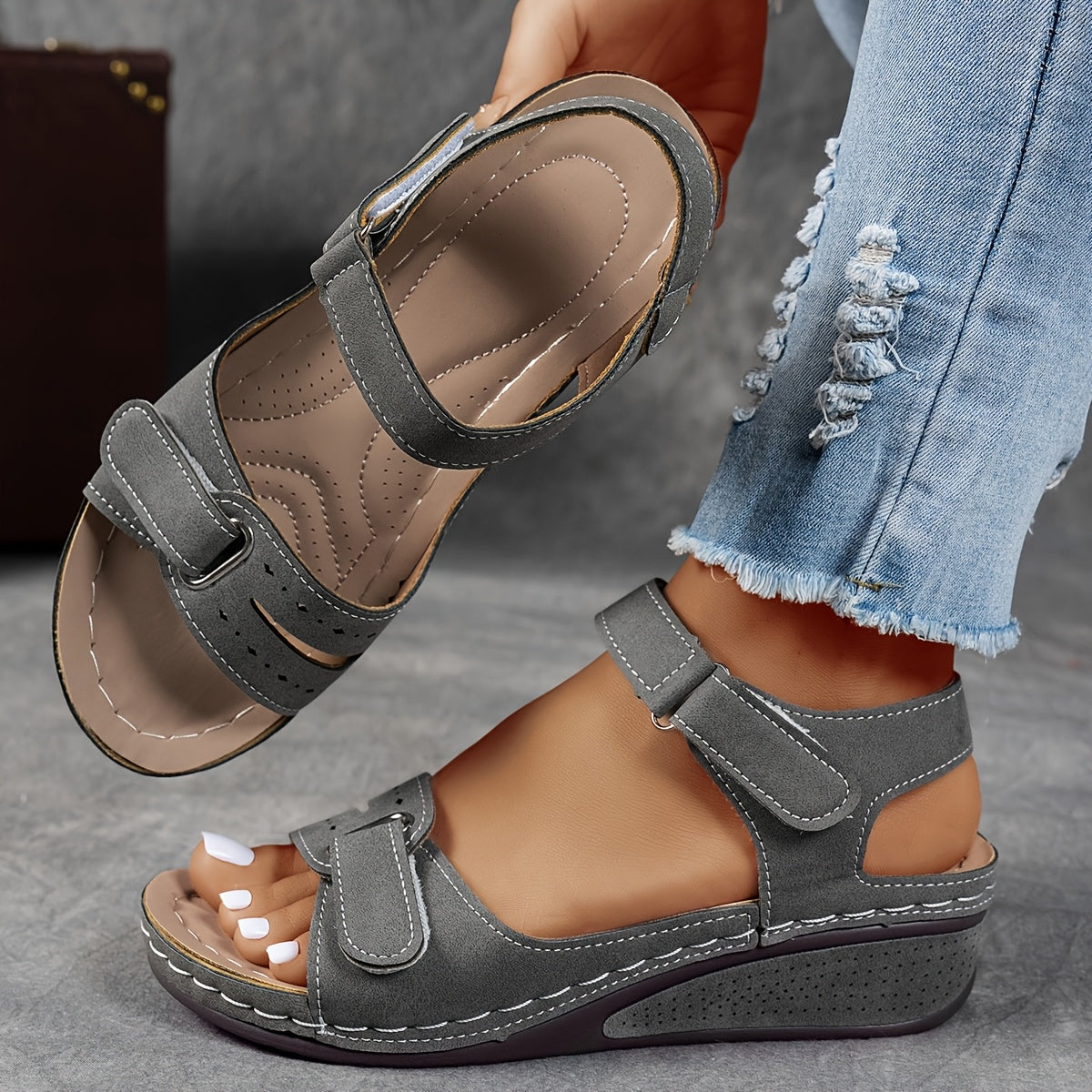Women's platform sandals with adjustable velcro straps in charcoal and red