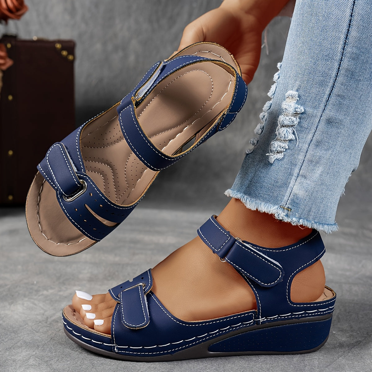 Women's platform sandals with adjustable velcro straps in charcoal and red