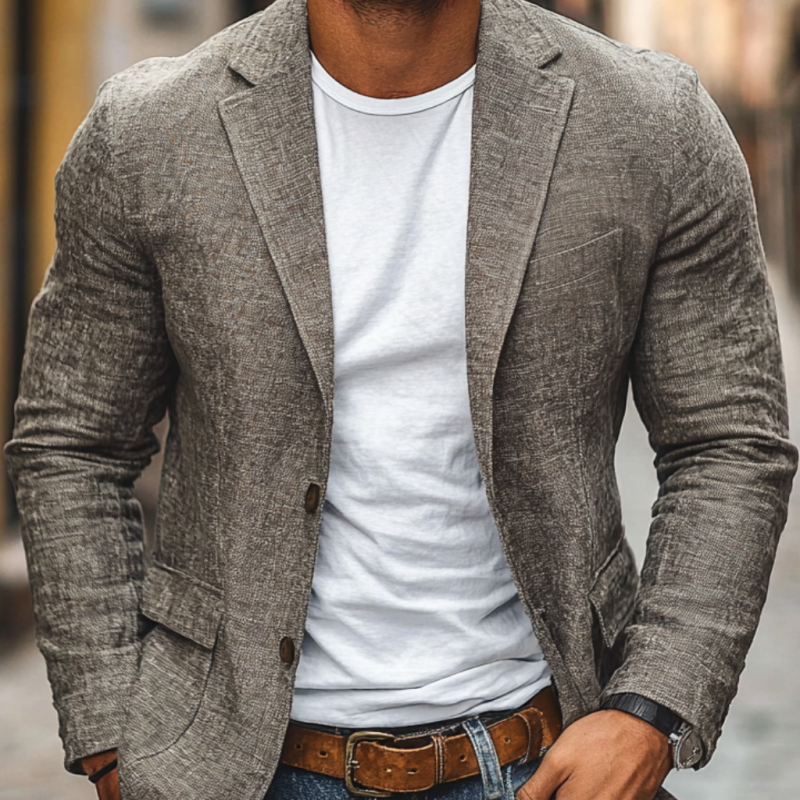 Men's Slub Texture Blazer, Notch Lapel, Two Button Front