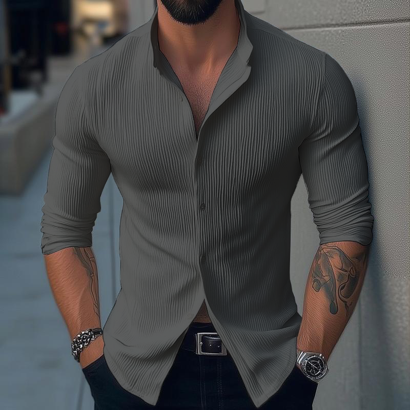 Men's Ribbed Texture Shirt, Slim Fit Long Sleeve Button-Up