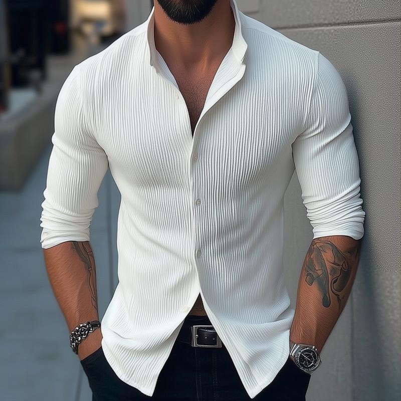 Men's Ribbed Texture Shirt, Slim Fit Long Sleeve Button-Up