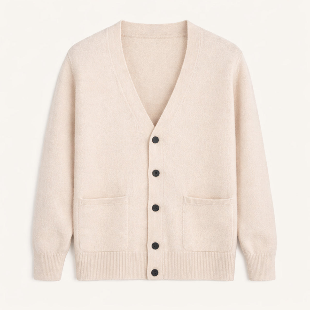 Men's V-neck button cardigan with long sleeves and patch pockets