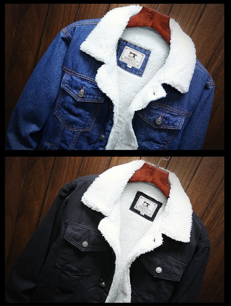 Sherpa-lined denim jacket with button front, chest pockets and long sleeves