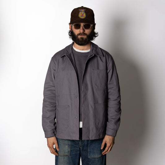 Men's gray utility jacket with collar and multiple patch pockets