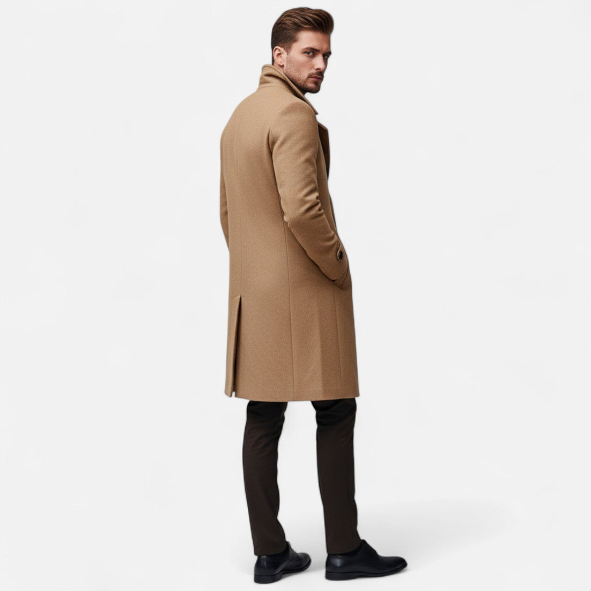 Men's long double-breasted overcoat with notched lapels and button details